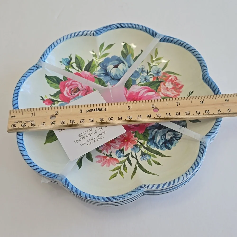 NWT Shabby Chic  Set Of 4 100% Floral Blue Pink Scalloped Melamine Plates